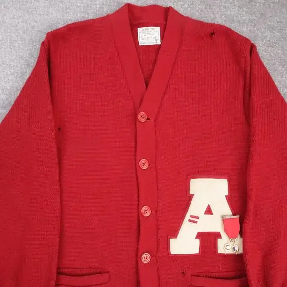VTG 60s Spaulding Sand Knit Pins Varsity Medium Red Long Sleeve Cardigan Sweater